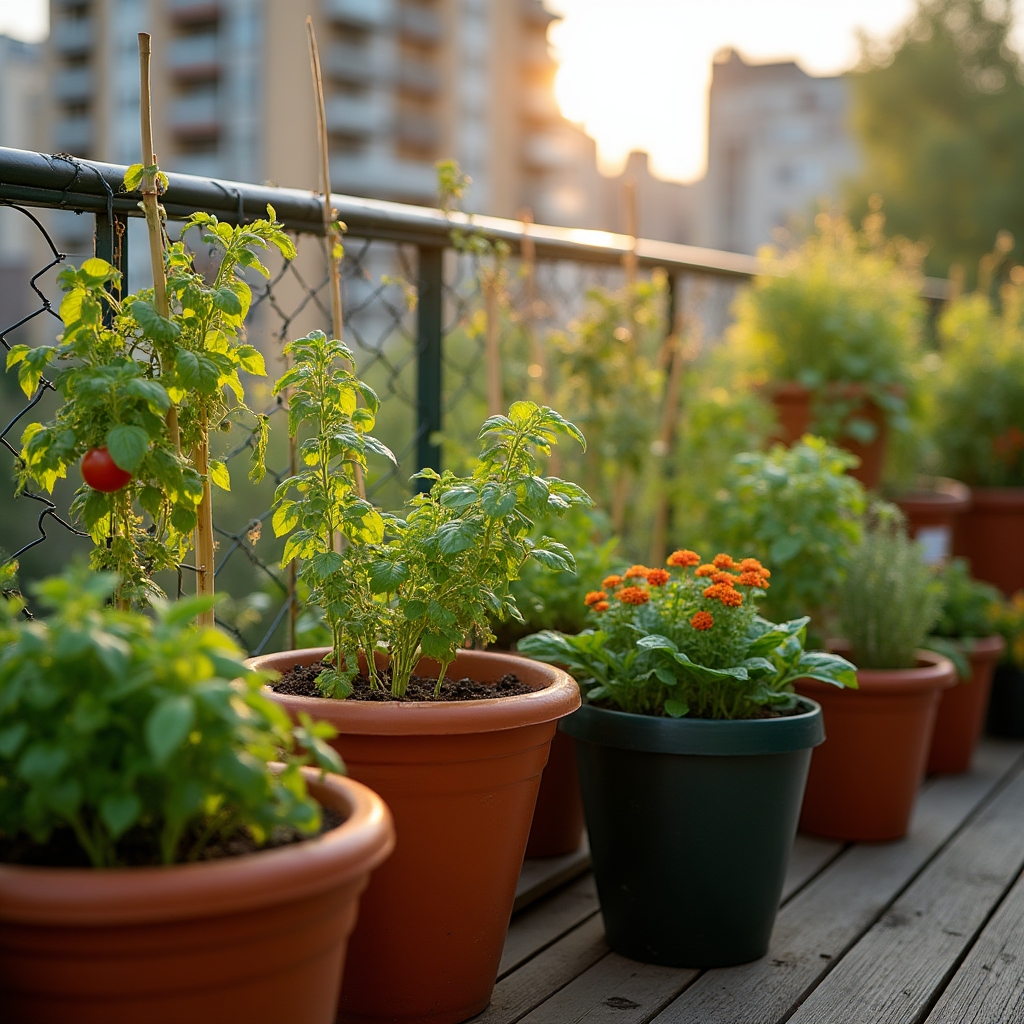 Orto urbano su balcone con piante in vasi e fioriere