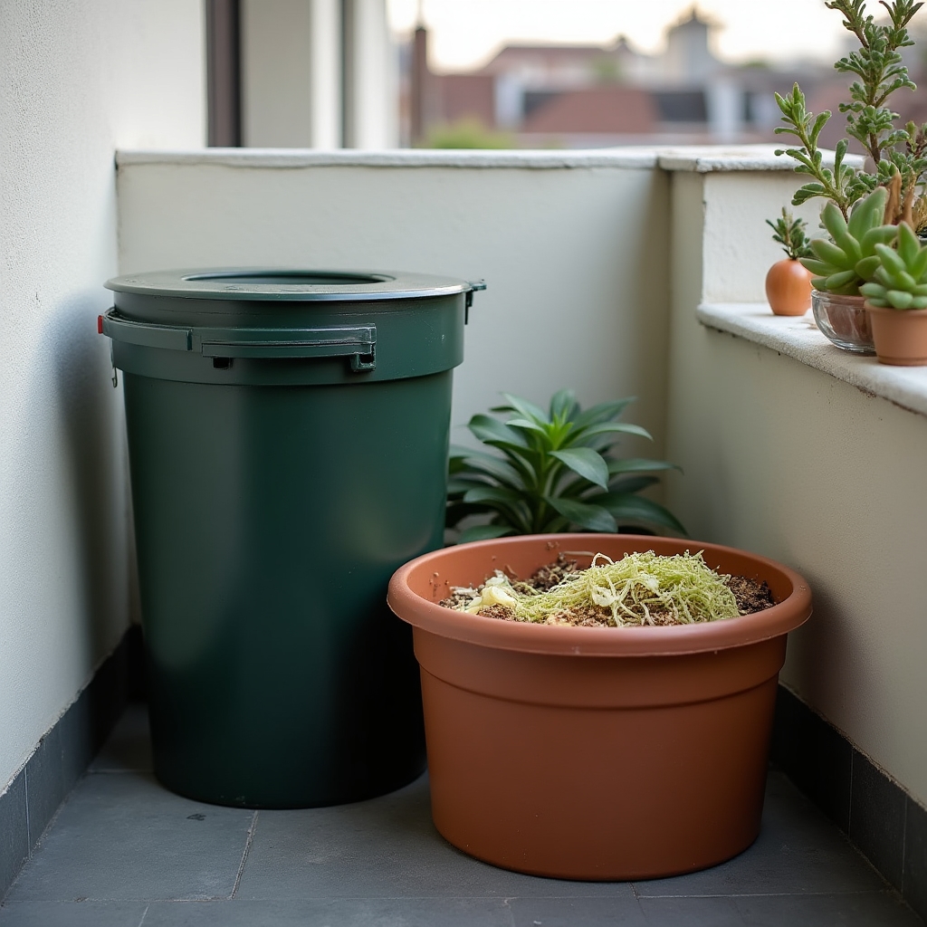 Piccola compostiera compatta su balcone di appartamento urbano