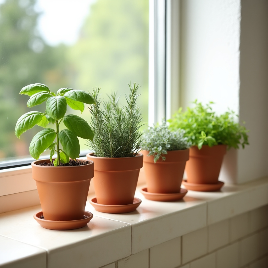 Erbe aromatiche coltivate in vasi sul davanzale