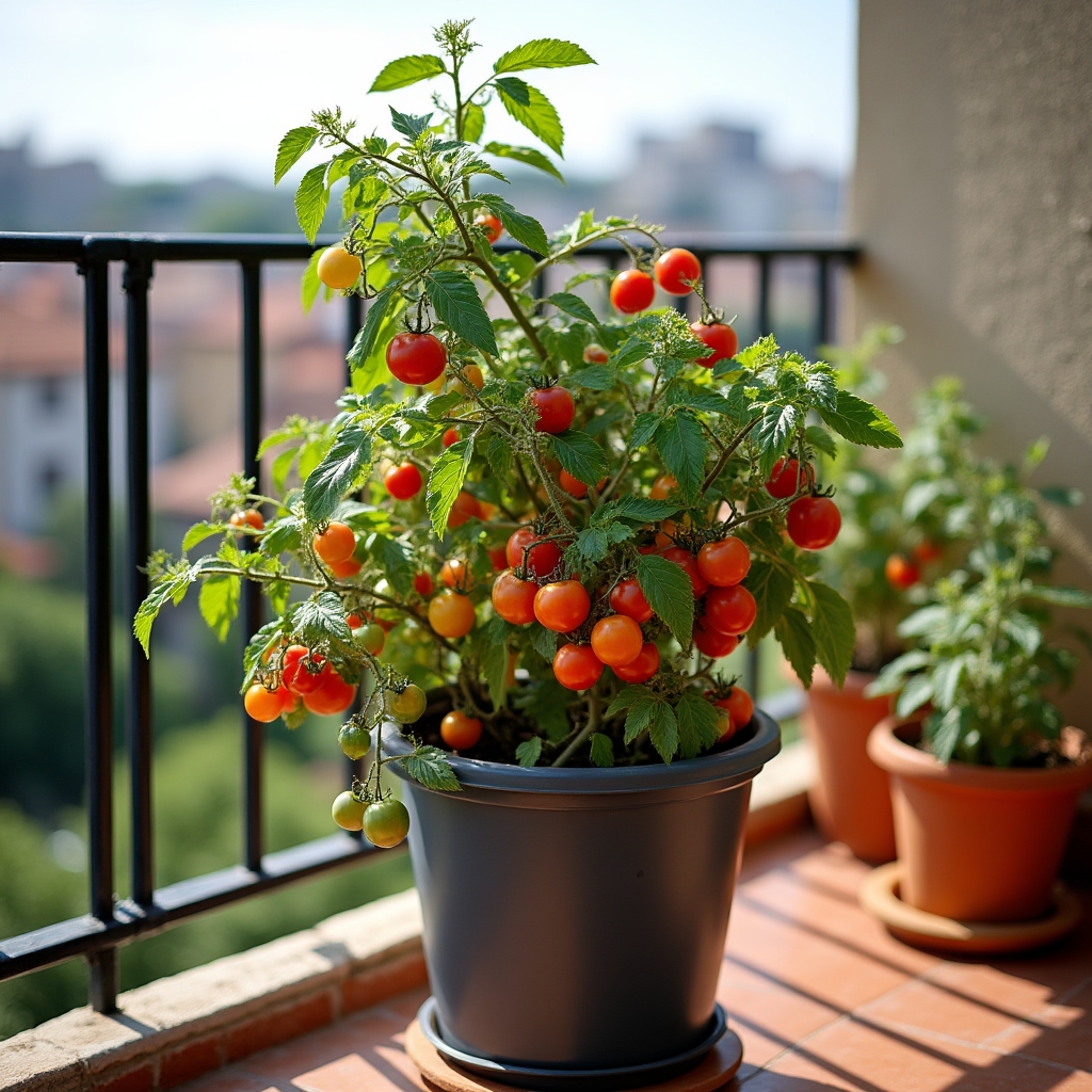 Pomodori ciliegino coltivati in vaso su balcone soleggiato